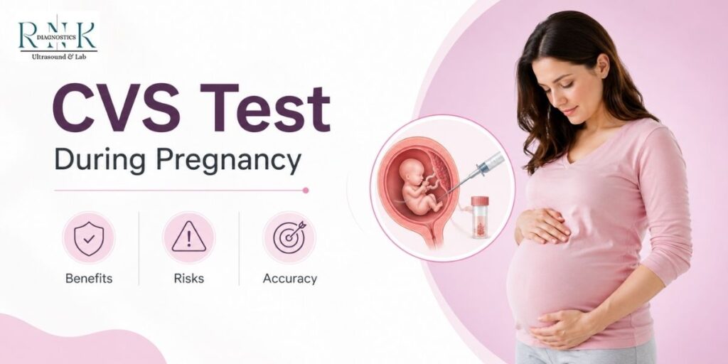 Doctor explaining CVS test in pregnancy procedure to a pregnant woman at a diagnostic center for prenatal genetic screening